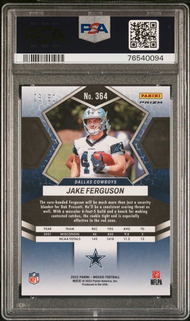 JAKE FERGUSON 2022 MOSAIC NO HUDDLE PURPLE PRIZM RC #D 36/50 PSA 10 GEM POP 2