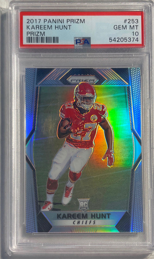 KAREEM HUNT 2017 PANINI PRIZM SILVER PRIZM ROOKIE RC #253 PSA 10 GEM MINT