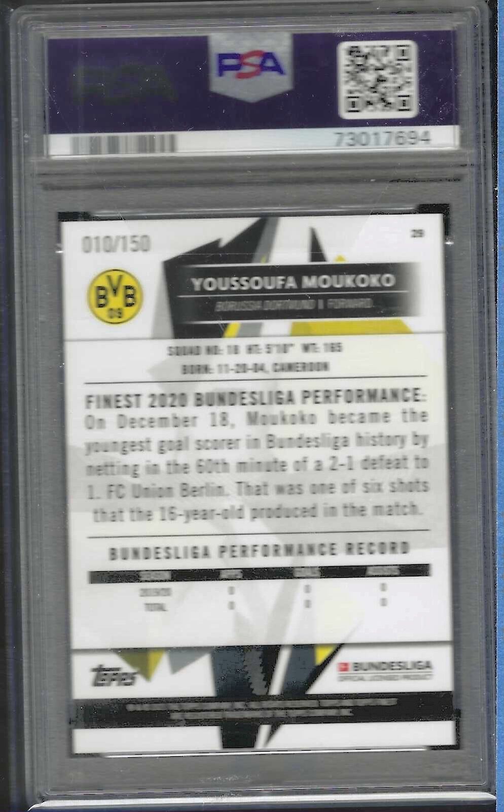 YOUSSOUFA MOUKOKO 2020-21 TOPPS FINEST BLUE REFRACTOR RC /150 PSA 9 MINT