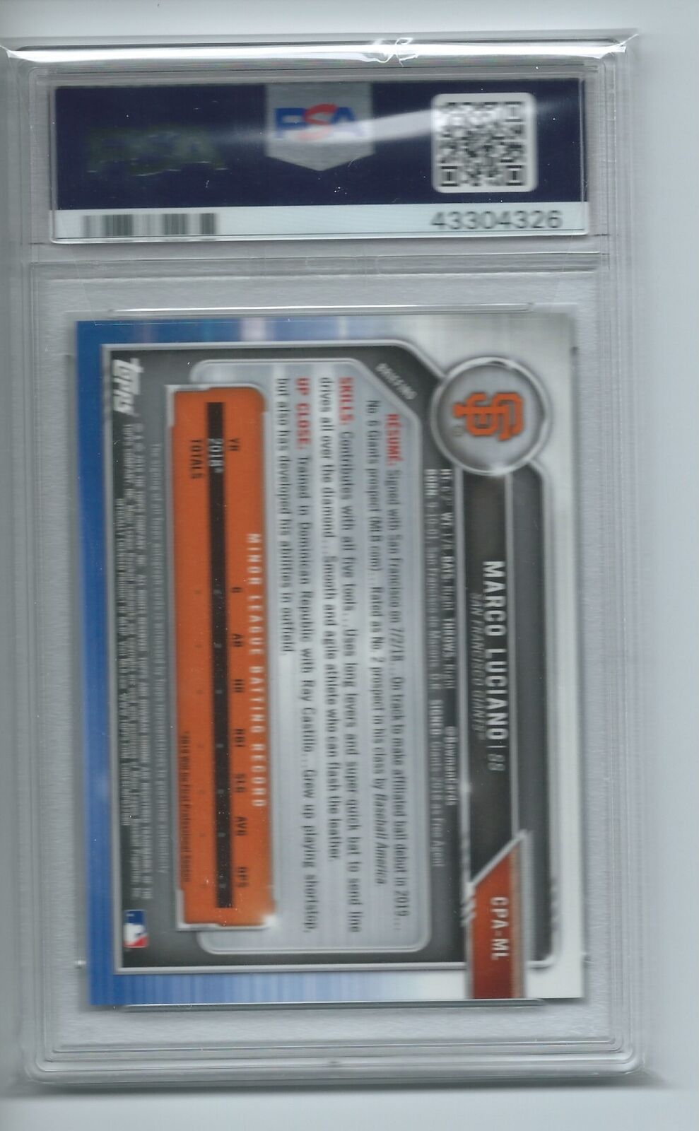 MARCO LUCIANO 2019 BOWMAN CHROME PROSPECTS 1ST ON CARD AUTO PSA 10 GEM MINT