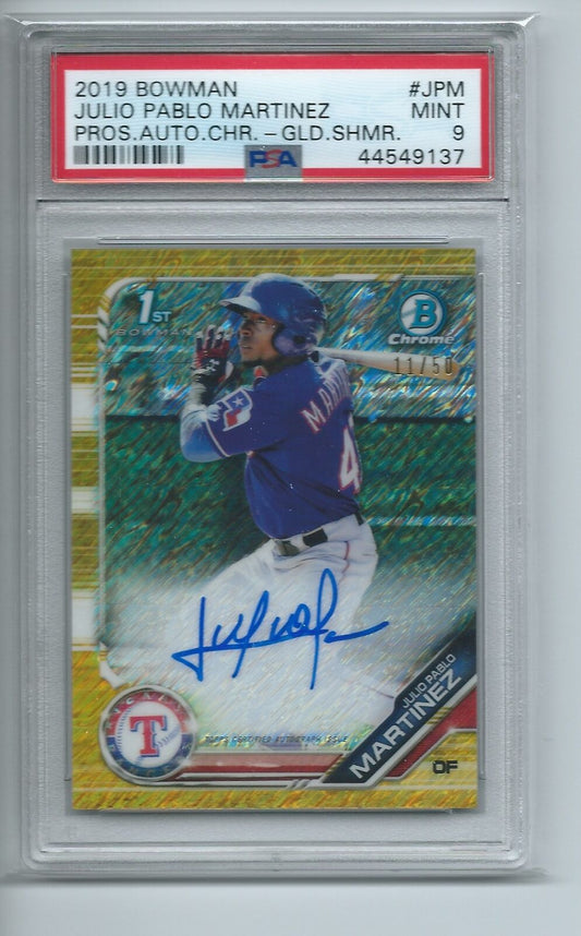 JULIO PABLO MARTINEZ 2019 BOWMAN CHROME GOLD SHIMMER REFRACTOR AUTO #D /50 PSA 9