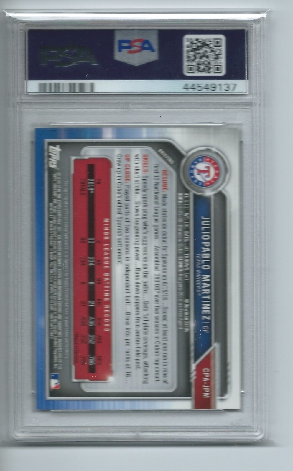 JULIO PABLO MARTINEZ 2019 BOWMAN CHROME GOLD SHIMMER REFRACTOR AUTO #D /50 PSA 9