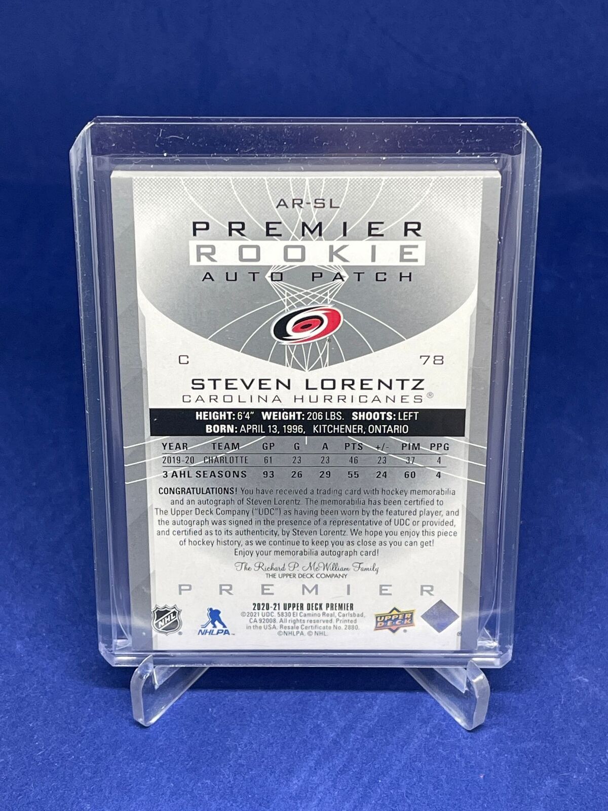 STEVEN LORENTZ 2020-21 UPPER DECK PREMIER RPA ROOKIE PATCH AUTO RC #D 61/249