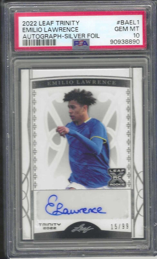 EMILIO LAWRENCE 2022 LEAF TRINITY SILVER FOIL AUTO RC /99 PSA 10 GEM POP 1/1