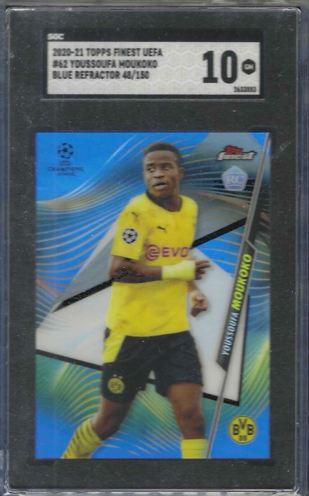 YOUSSOUFA MOUKOKO 2020-21 TOPPS FINEST UEFA BLUE REFRACTOR RC /150 SGC 10 GEM