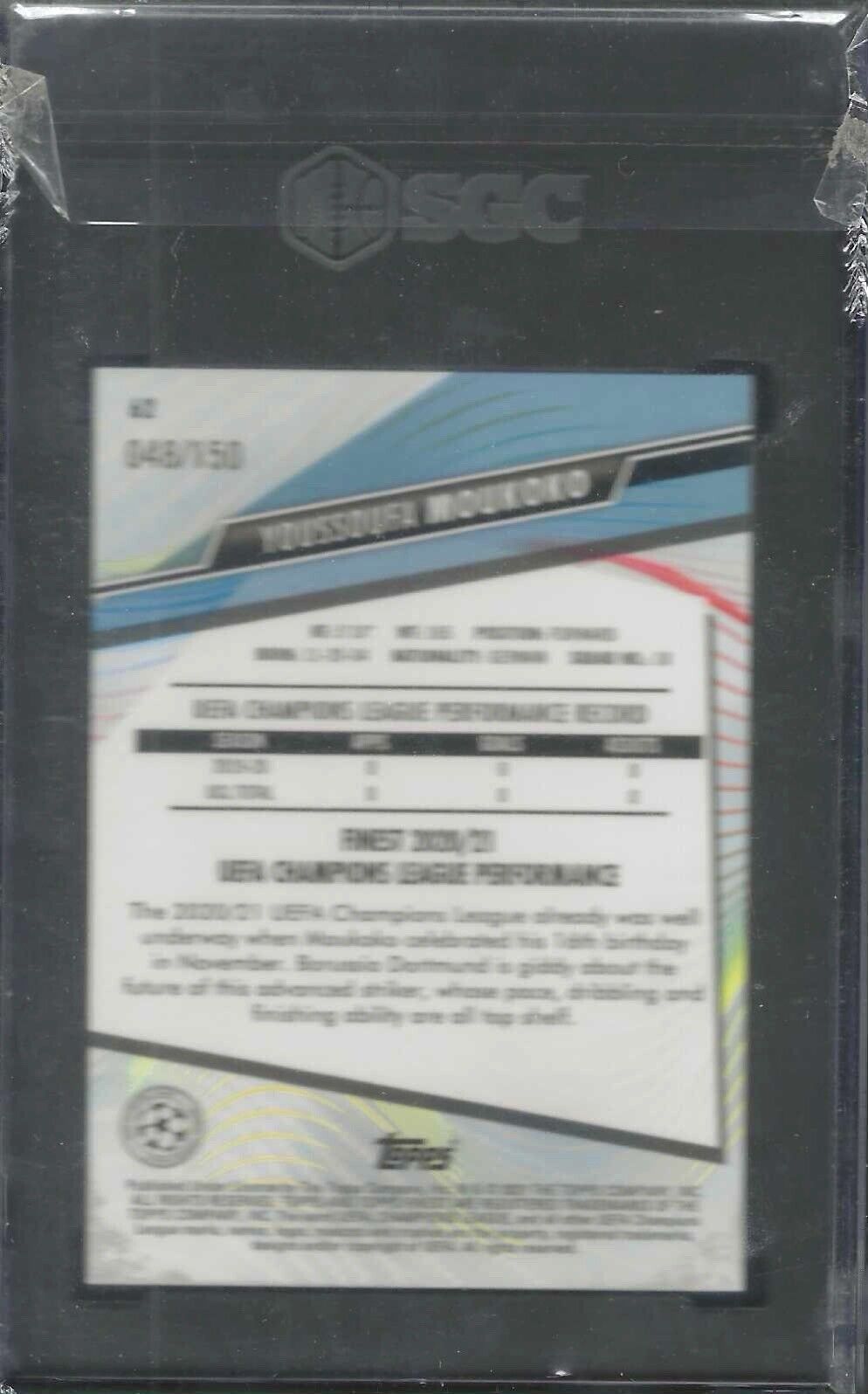 YOUSSOUFA MOUKOKO 2020-21 TOPPS FINEST UEFA BLUE REFRACTOR RC /150 SGC 10 GEM