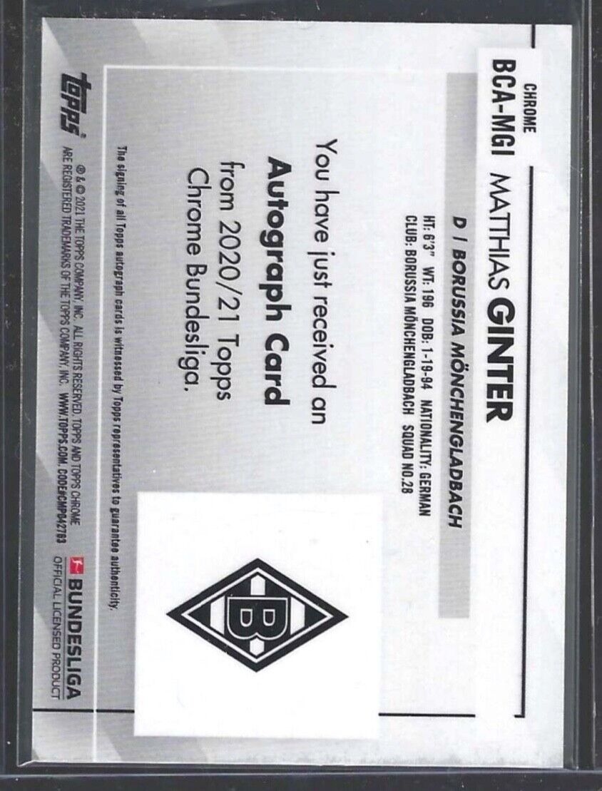 MATTHIAS GINTER 2020-21 TOPPS CHROME BUNDESLIGA SILVER REFRACTOR AUTO #BCA-MGI