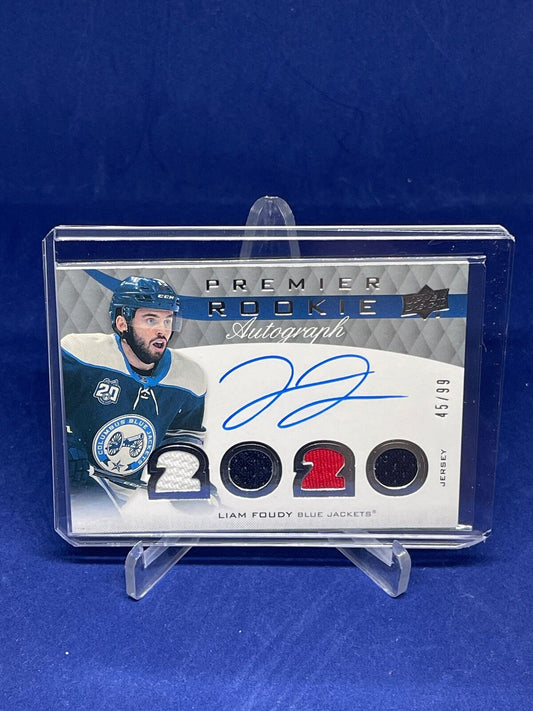 LIAM FOUDY 2020-21 UPPER DECK PREMIER ROOKIE QUAD PATCH ON CARD AUTO RC #D 45/99