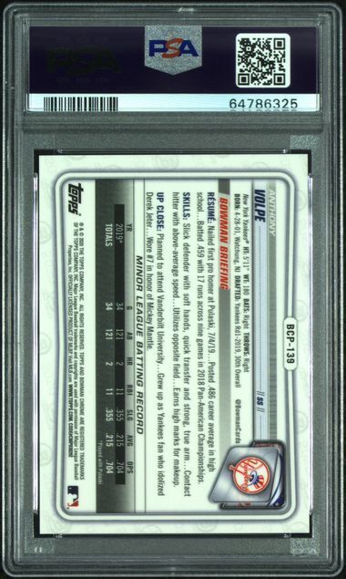 ANTHONY VOLPE 2020 BOWMAN CHROME 1ST BLUE SHIMMER REFRACTOR #D 12/150 PSA 9 MINT