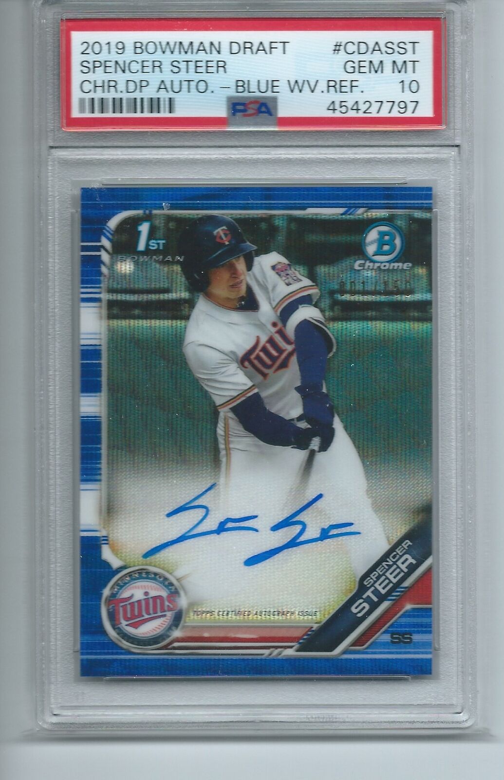 SPENCER STEER 2019 BOWMAN CHROME DRAFT BLUE WAVE REFRACTOR 1ST AUTO 1/150 PSA 10