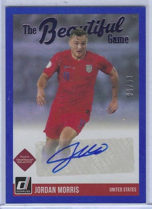 JORDAN MORRIS 2021-22 DONRUSS ROAD QATAR THE BEAUTIFUL GAME BLUE AUTO #D 96/99