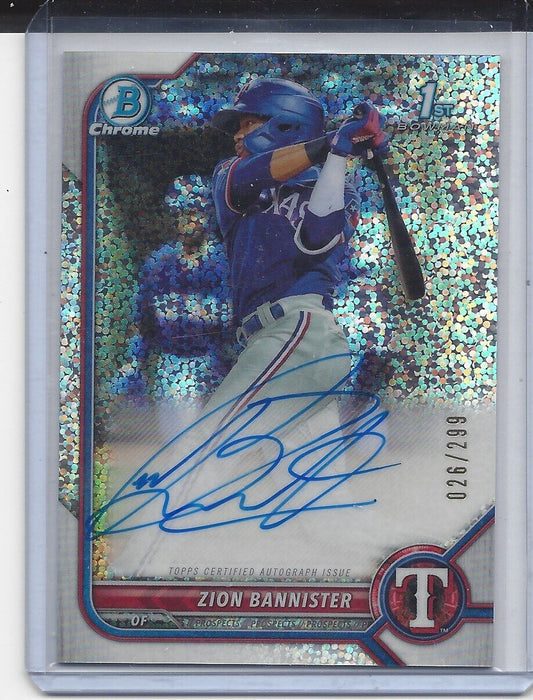 ZION BANNISTER 2022 BOWMAN CHROME 1ST SPECKLE REFRACTOR PROSPECT AUTO #D 26/299