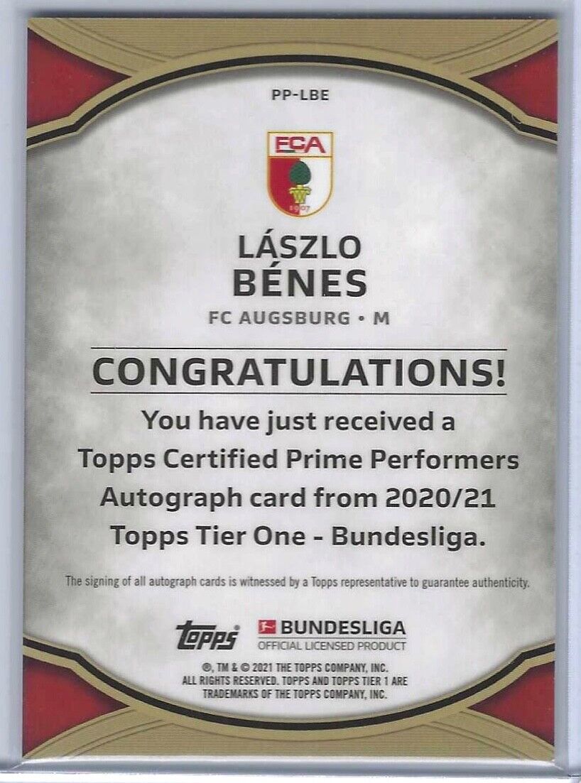 LASZLO BENES 2020-21 TOPPS TIER ONE BUNDESLIGA GREEN FOIL AUTO #D 08/25
