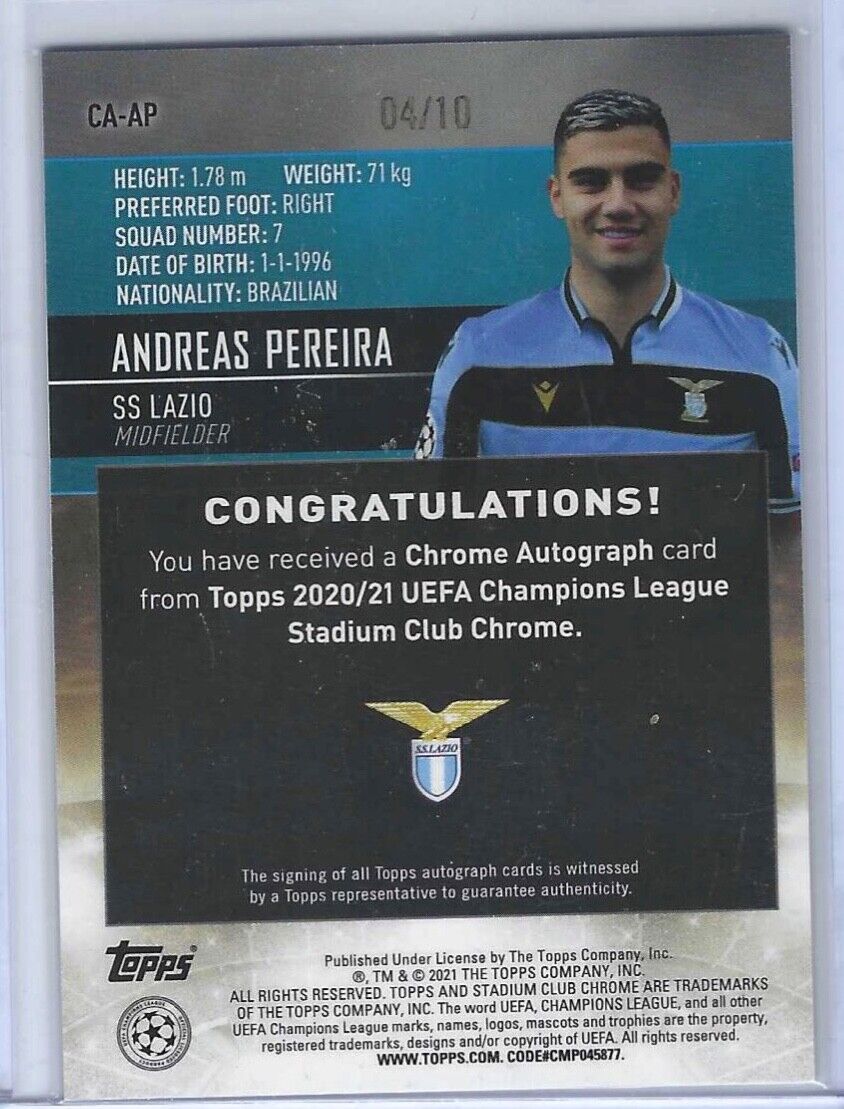 ANDREAS PEREIRA 2020-21 TOPPS STADIUM CLUB CHROME BLACK REFRACTOR AUTO #D /10