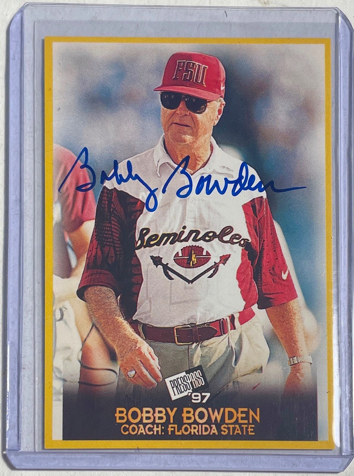 BOBBY BOWDEN 1997 PRESS PASS AUTHENTICS FLORIDA STATE HEAD COACH ON CARD AUTO