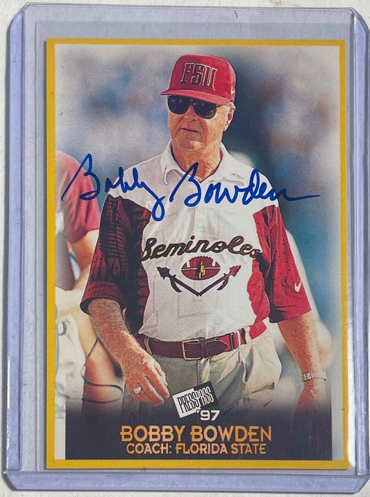 BOBBY BOWDEN 1997 PRESS PASS AUTHENTICS FLORIDA STATE HEAD COACH ON CARD AUTO