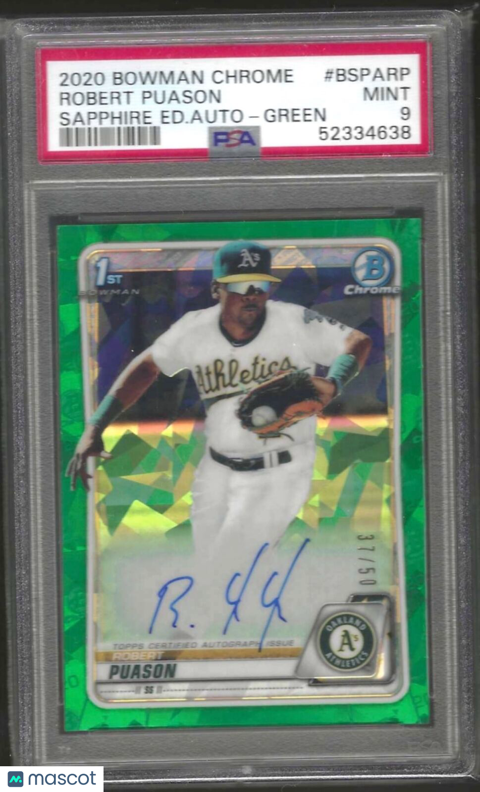 ROBERT PUASON 2020 BOWMAN CHROME 1ST SAPPHIRE GREEN REFRACTOR AUTO /50 PSA 9