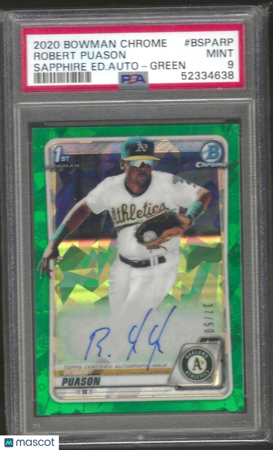 ROBERT PUASON 2020 BOWMAN CHROME 1ST SAPPHIRE GREEN REFRACTOR AUTO /50 PSA 9
