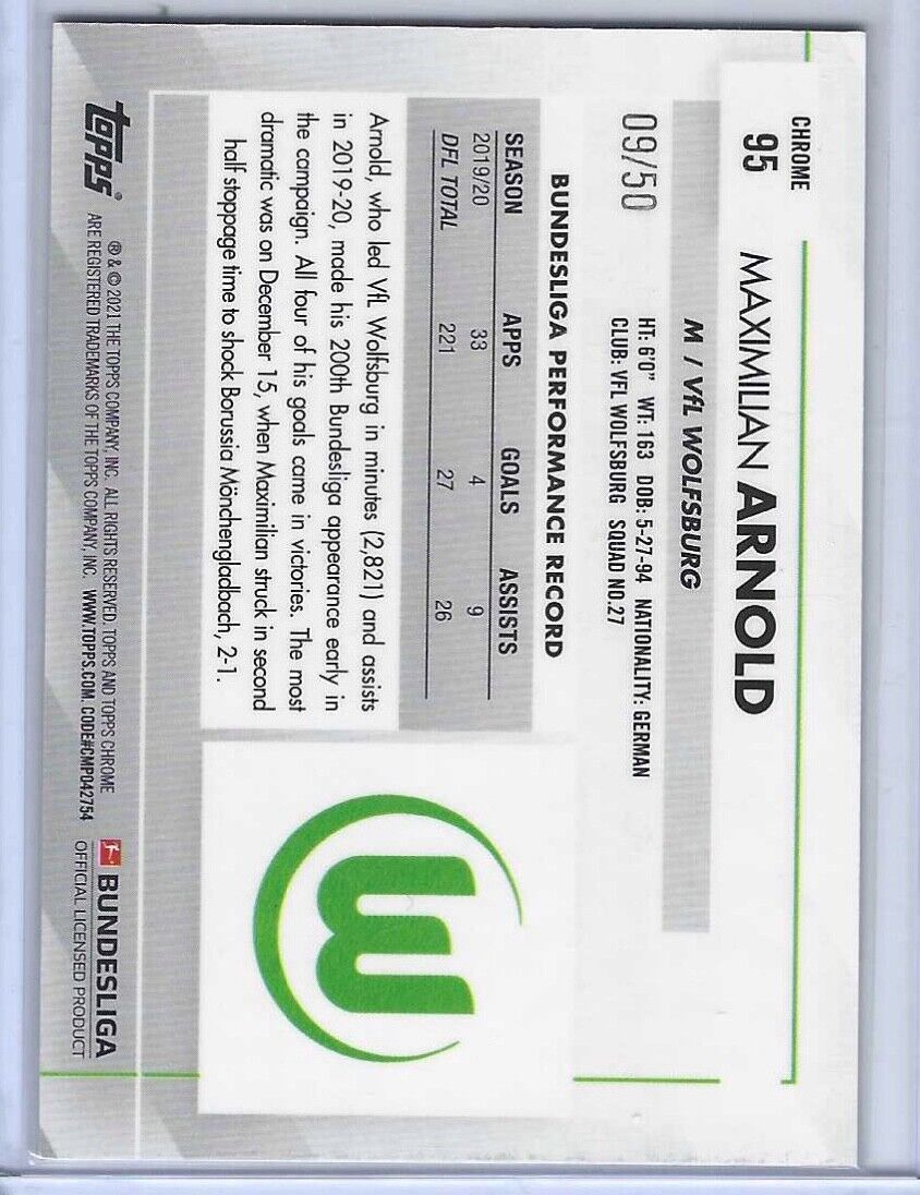 MAXIMILIAN ARNOLD 2020-21 TOPPS CHROME BUNDESLIGA GOLD REFRACTOR #D /50