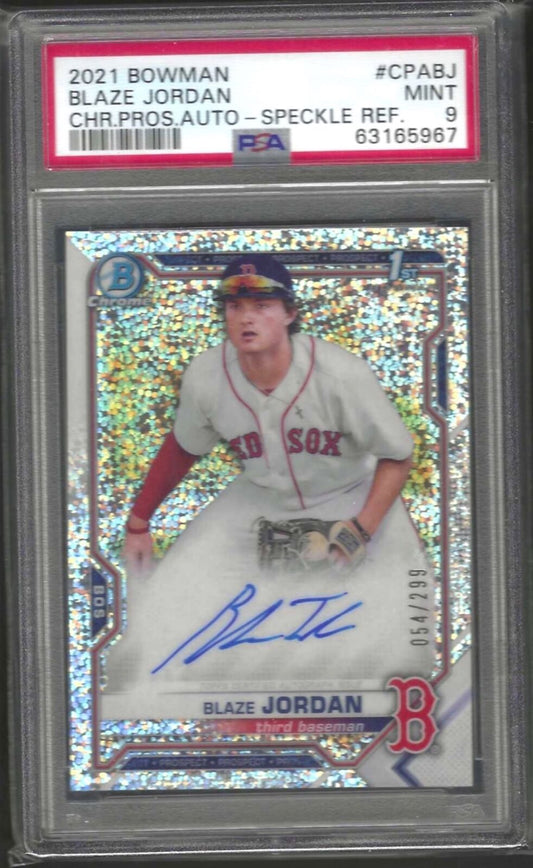 BLAZE JORDAN 2021 BOWMAN CHROME SPECKLE REFRACTOR 1ST PROSPECT AUTO /299 PSA 9