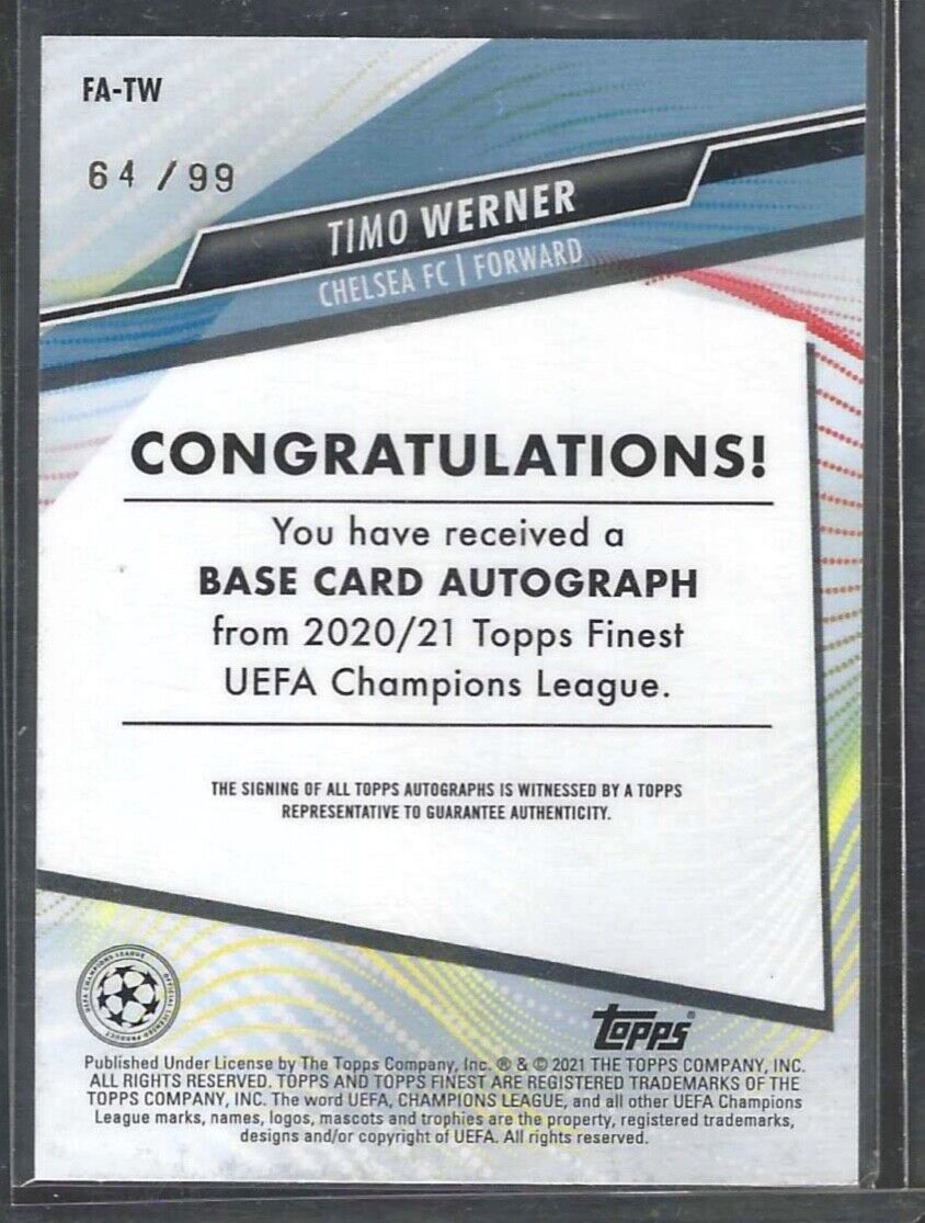 TIMO WERNER 2020-21 TOPPS FINEST UCL GREEN WAVE REFRACTOR AUTO #D 64/99