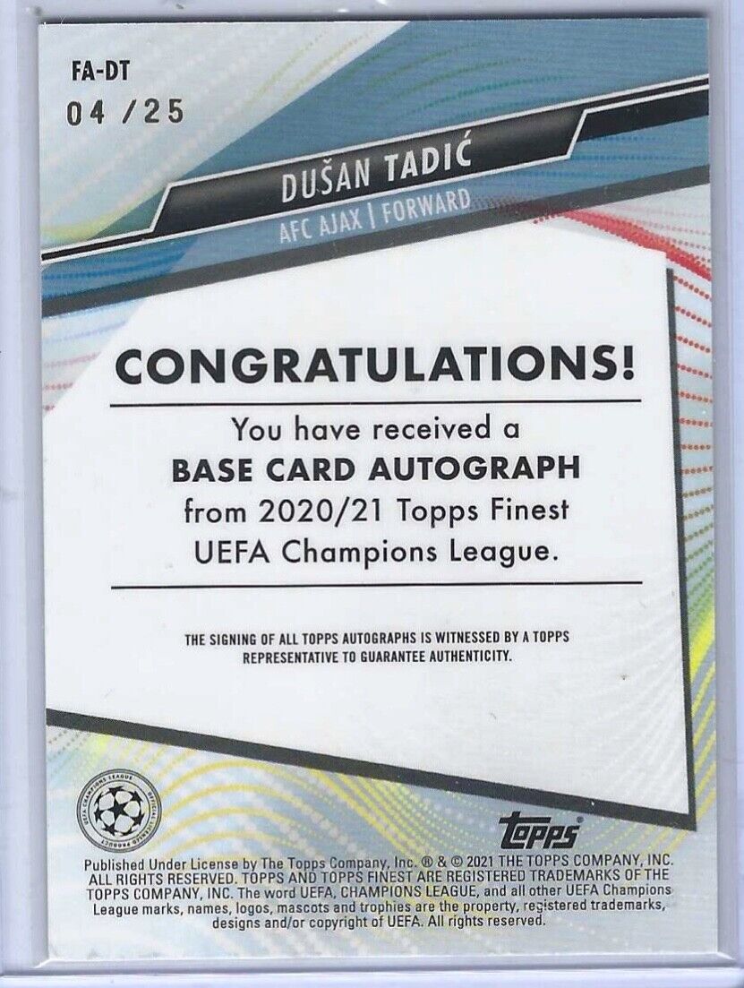 DUSAN TADIC 2020-21 TOPPS FINEST UCL ORANGE REFRACTOR AUTO #D 04/25