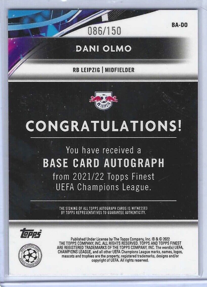 DANI OLMO 2021-22 TOPPS FINEST UCL BLUE REFRACTOR AUTO #D 086/150