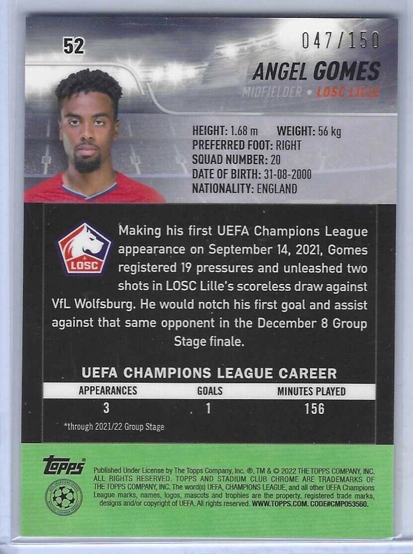 ANGEL GOMES 2021-22 TOPPS STADIUM CLUB CHROME GREEN REFRACTOR RC #D 047/150