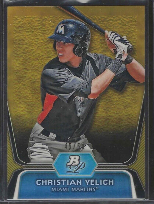 CHRISTIAN YELICH 2012 BOWMAN PLATINUM GOLD REFRACTOR PROSPECT #D 45/50