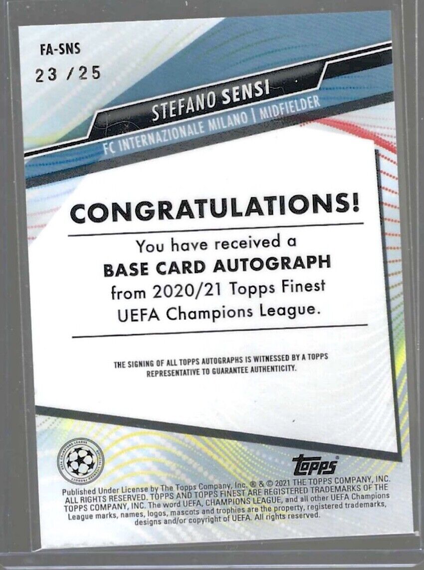 STEFANO SENSI 2020-21 TOPPS FINEST UCL ORANGE WAVE REFRACTOR AUTO #D 23/25