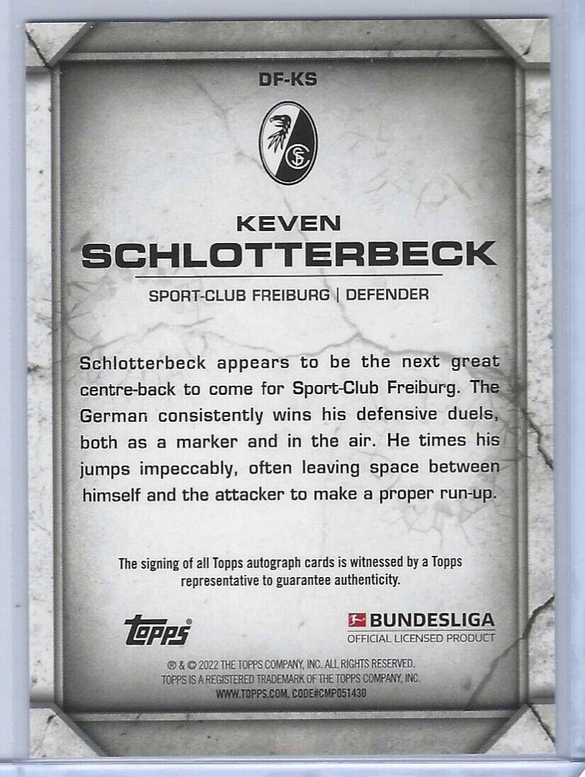 KEVIN SCHLOTTERBECK 2021-22 TOPPS BUNDESLIGA DEFENSE FORTRESSES AUTO #DF-KS