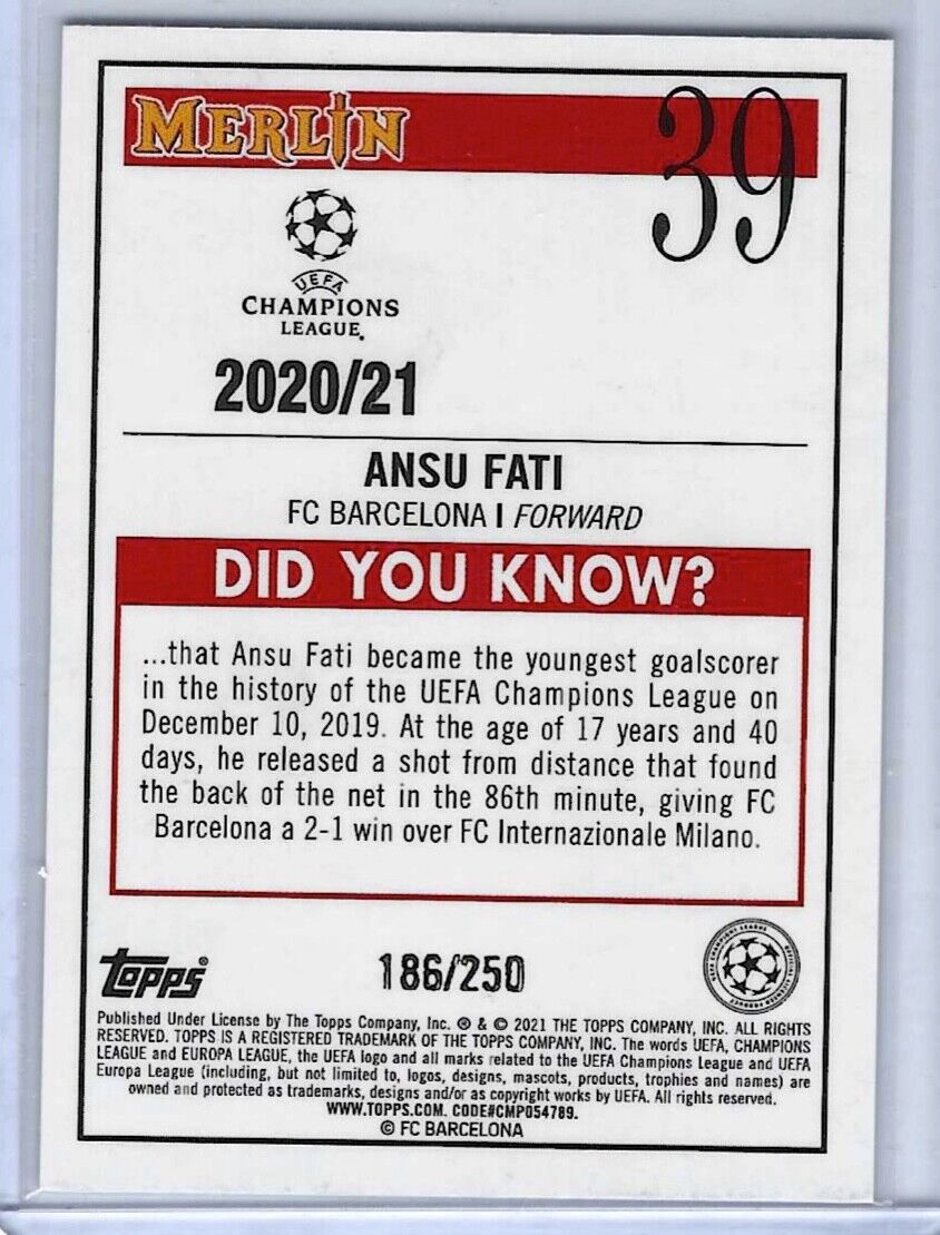 ANSU FATI 2020-21 TOPPS MERLIN CHROME SILVER CRACKED ICE REFRACTOR #D 186/250