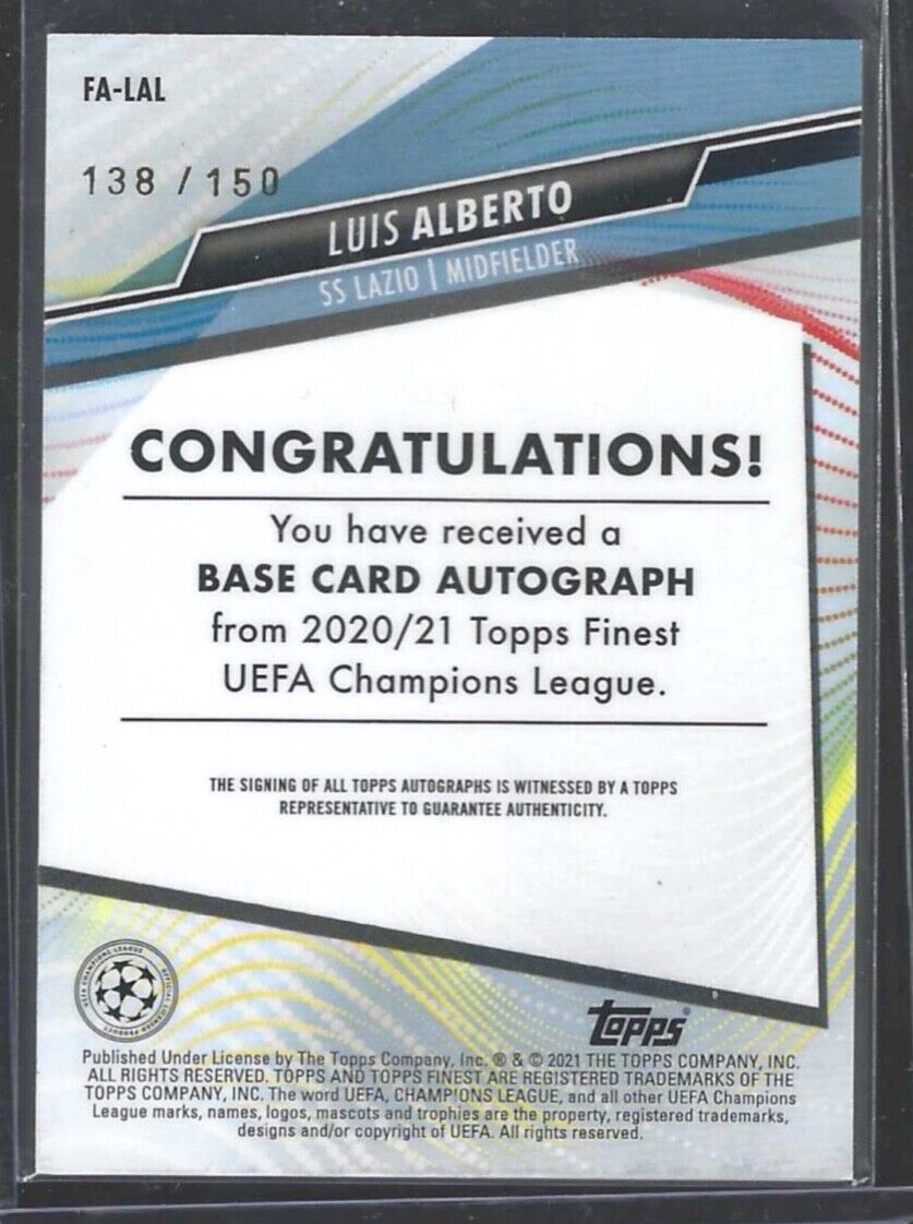 LUIS ALBERTO 2020-21 TOPPS FINEST UCL BLUE REFRACTOR AUTO #D 138/150