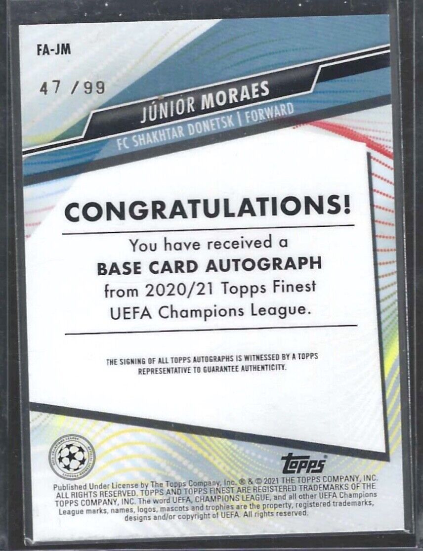 JUNIOR MORAES 2020-21 TOPPS FINEST UCL GREEN WAVE REFRACTOR AUTO #D 47/99