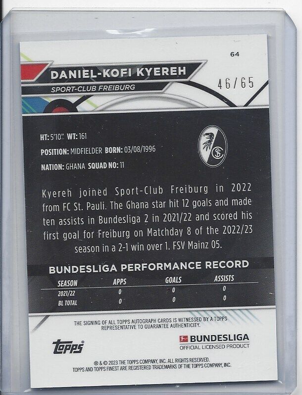DANIEL-KOFI KYEREH 2022-23 TOPPS FINEST BUNDESLIGA BLUE REFRACTOR AUTO RC #D /65