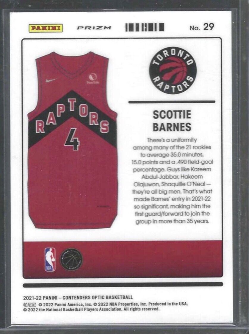 SCOTTIE BARNES 2021-22 PANINI OPTIC CONTENDERS RED CRACKED ICE UNIFORMITY RC #29
