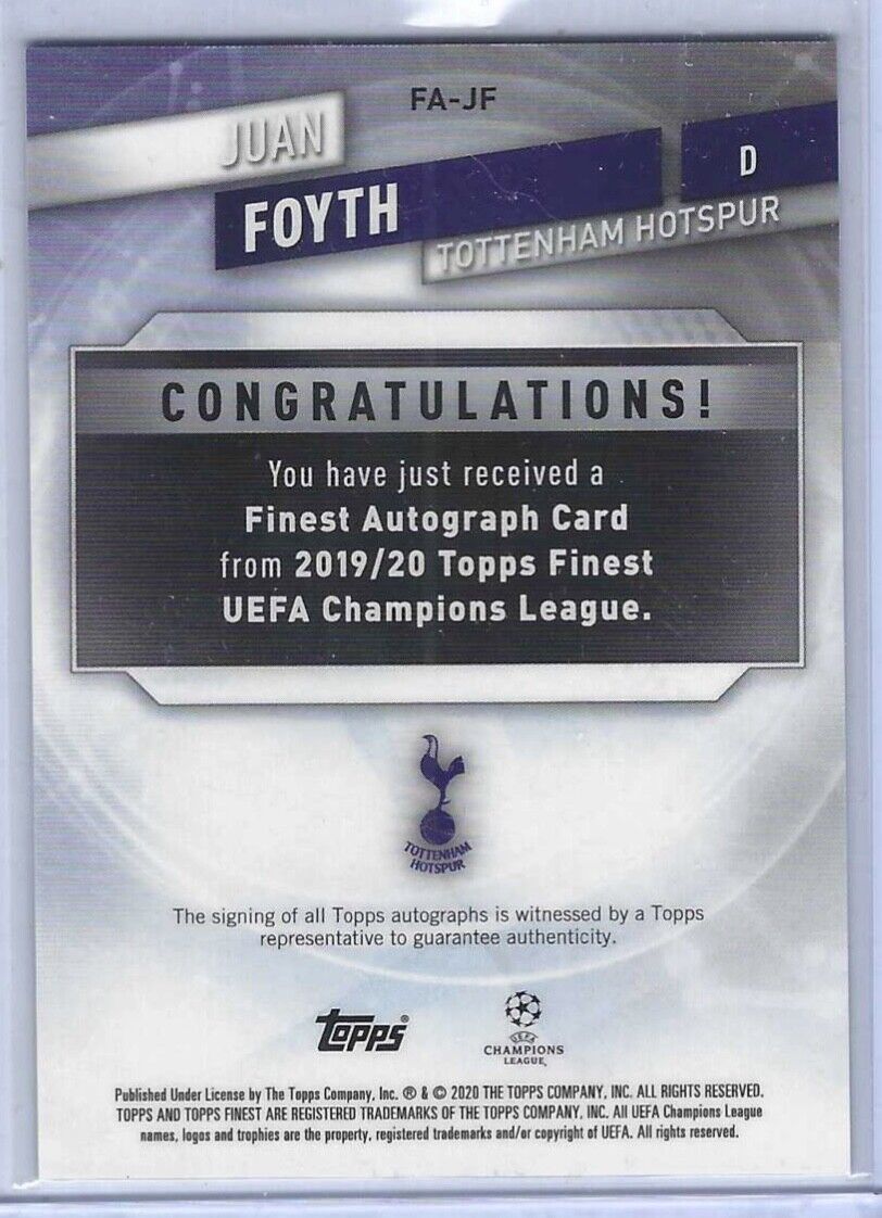 JUAN FOYTH 2019-20 TOPPS FINEST UCL BLUE REFRACTOR AUTO #D 132/150