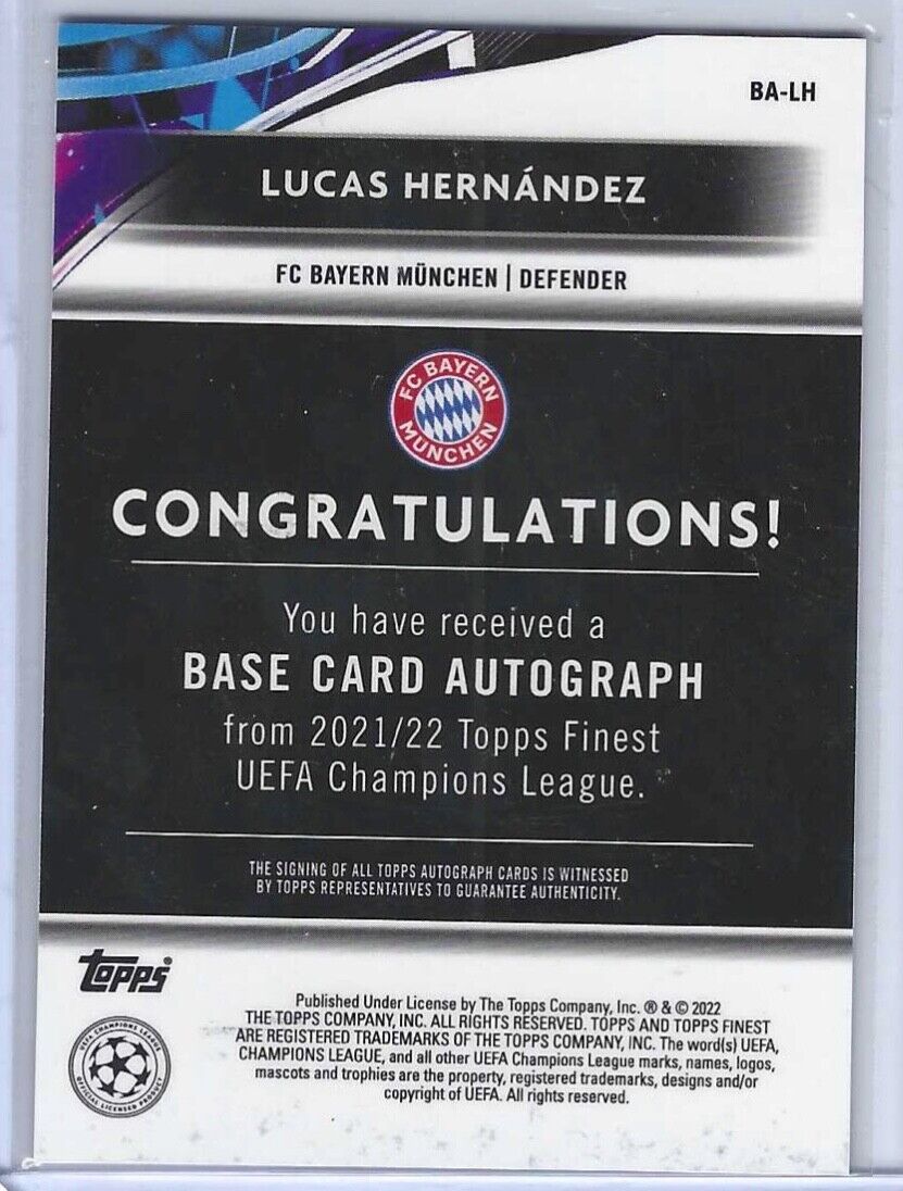 LUCAS HERNANDEZ 2021-22 TOPPS FINEST UCL SILVER REFRACTOR AUTO #BA-LH