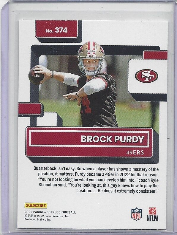 BROCK PURDY 2022 PANINI DONRUSS RATED ROOKIE TRUE RC #374
