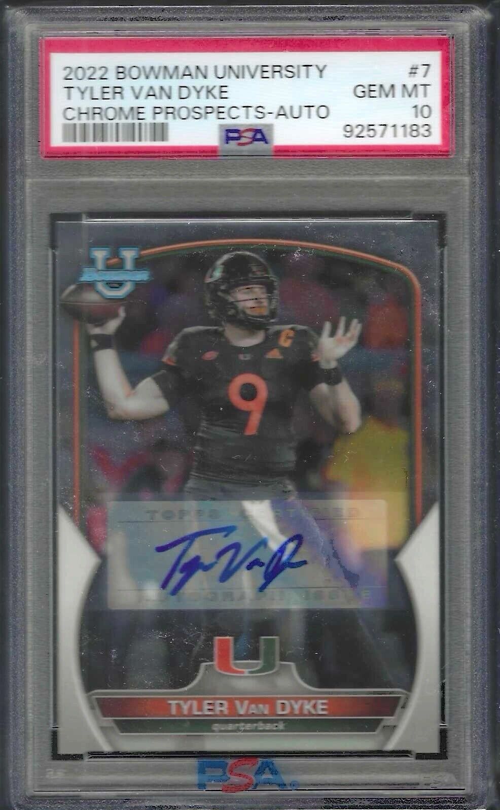 TYLER VAN DYKE 2022 BOWMAN UNIVERSITY CHROME PROSPECT AUTO PSA 10 GEM MINT POP 9