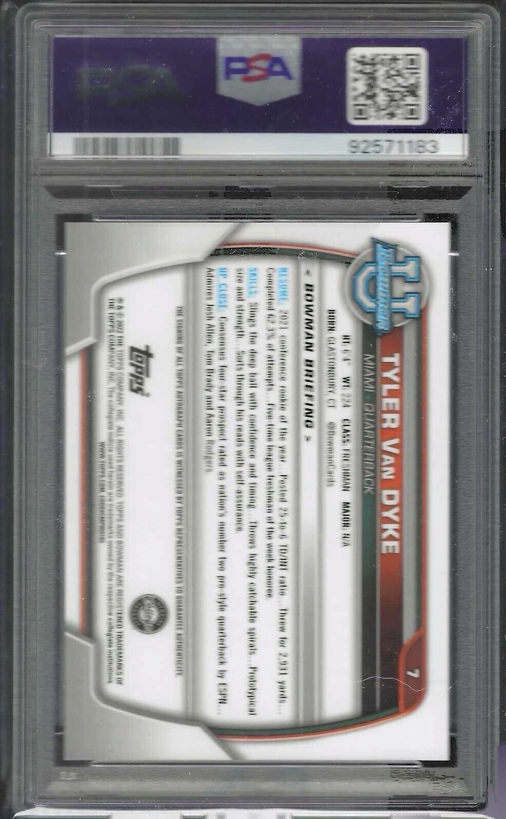 TYLER VAN DYKE 2022 BOWMAN UNIVERSITY CHROME PROSPECT AUTO PSA 10 GEM MINT POP 9