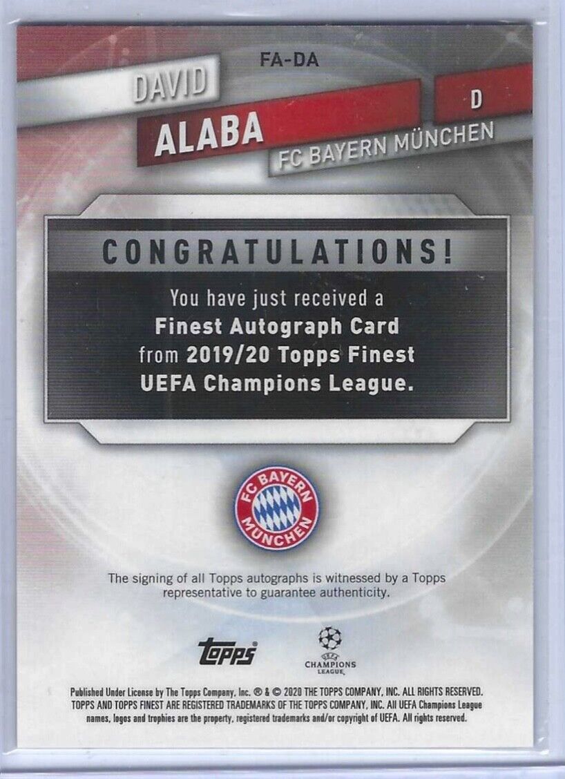DAVID ALABA 2019-20 TOPPS FINEST UCL BLUE REFRACTOR AUTO #D 136/150