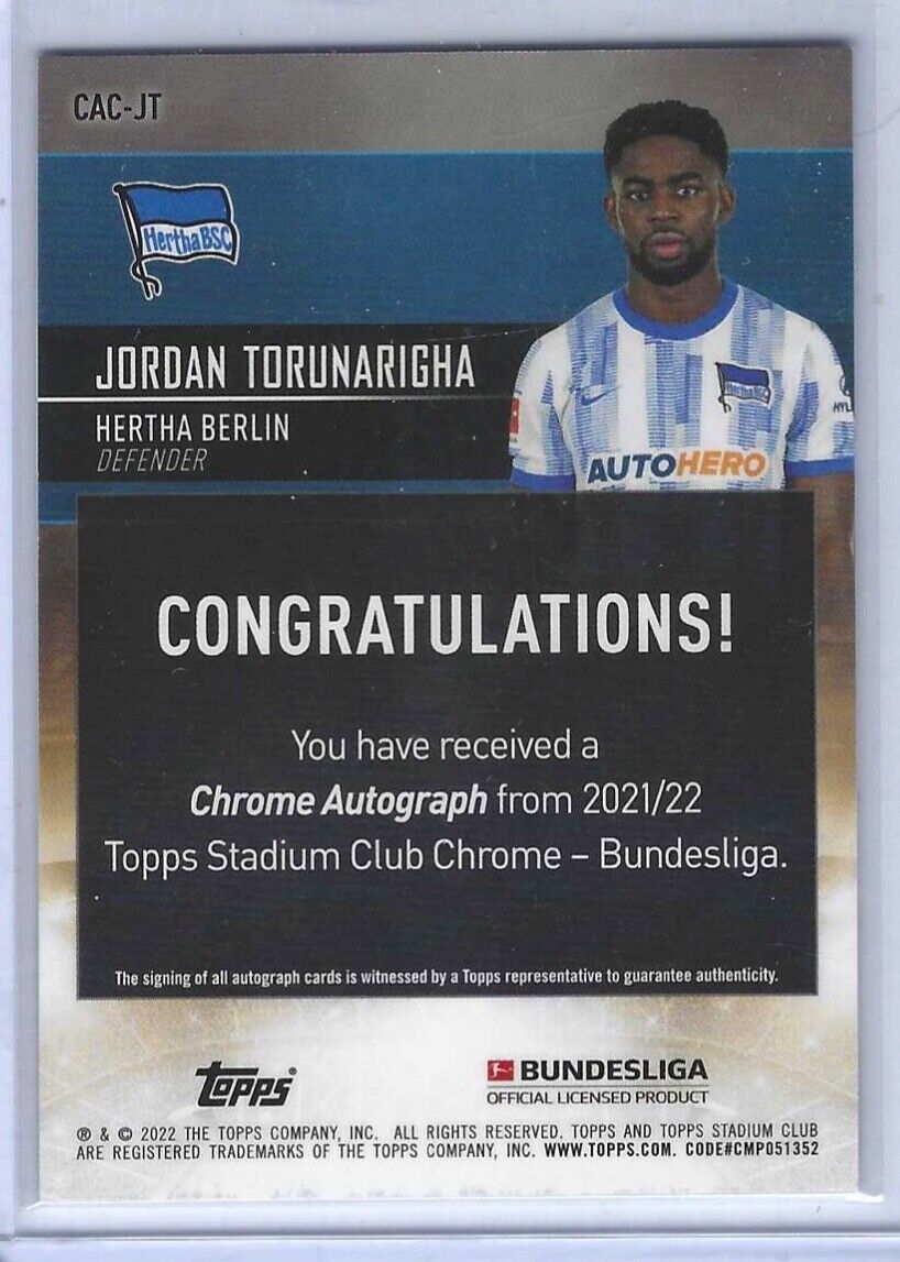 JORDAN TORUNARIGHA 2021-22 STADIUM CLUB CHROME BUNDESLIGA REFRACTOR AUTO #CAC-JT
