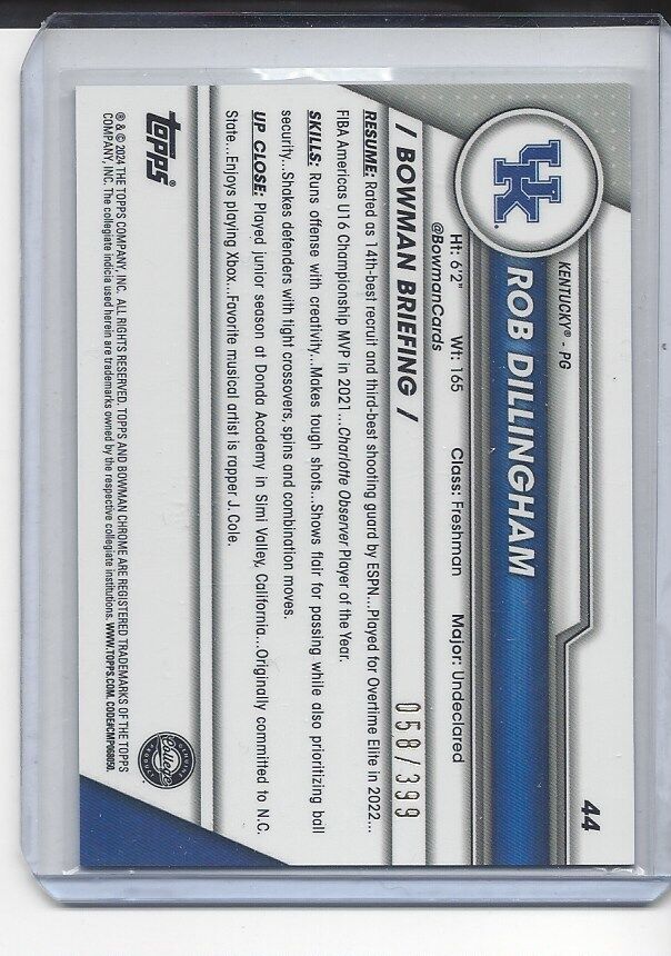 ROB DILLINGHAM 2023-24 BOWMAN CHROME UNIVERSITY 1ST PURPLE REFRACTOR #D 58/399