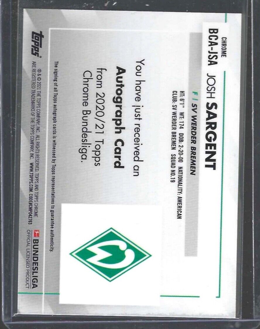 JOSH SARGENT 2020-21 TOPPS CHROME BUNDESLIGA SILVER REFRACTOR AUTO #BCA-JSA