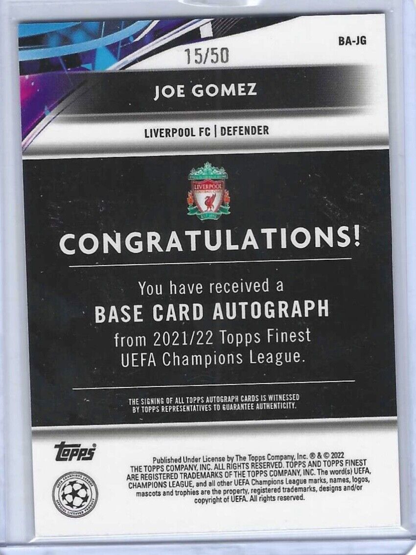 JOE GOMEZ 2021-22 TOPPS FINEST UCL GOLD REFRACTOR AUTO #D 15/50