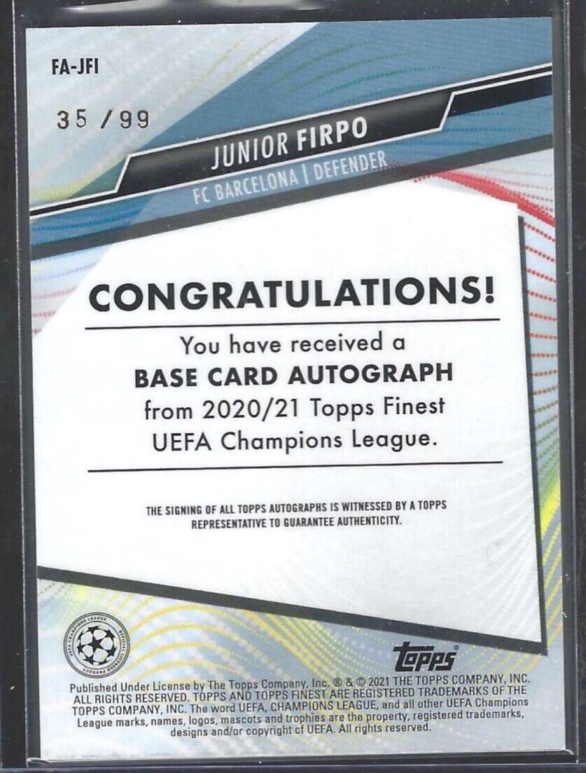 JUNIOR FIRPO 2020-21 TOPPS FINEST UCL GREEN REFRACTOR AUTO #D 35/99