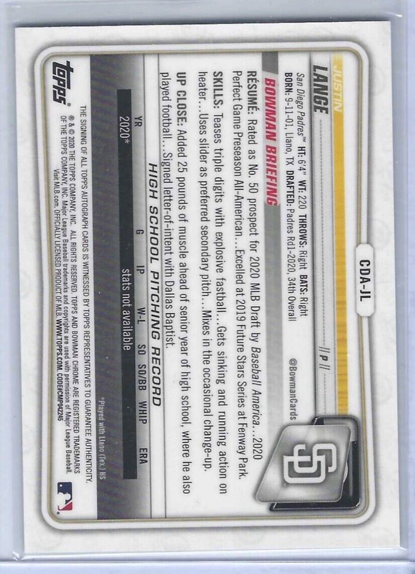 JUSTIN LANGE 2020 BOWMAN CHROME DRAFT 1ST PROSPECT AUTO #CDA-JL