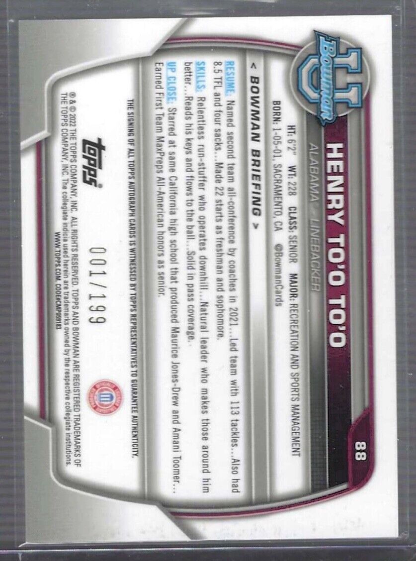 HENRY TO'O TO'O 2022 BOWMAN CHROME UNIVERSITY WAVE REFRACTOR 1ST AUTO #D 1/199