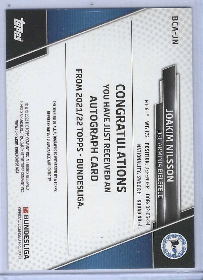 JOAKIM NILSSON 2021-22 TOPPS BUNDESLIGA SILVER FOIL AUTO #BCA-JN
